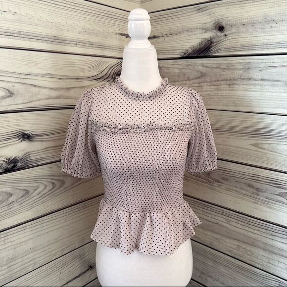Express Light Blush Pink Dot Peplum Cropped Puff Sleeve Top - Picture 5 of 8